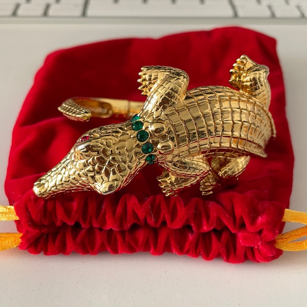 Gold Alligator Bracelet with Green and Red Stones